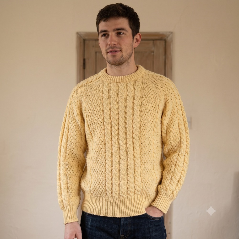 Carraig Donn Men Sweater 38 Yellow Cable Knit Wool Fisherman Aran Irish Preppy